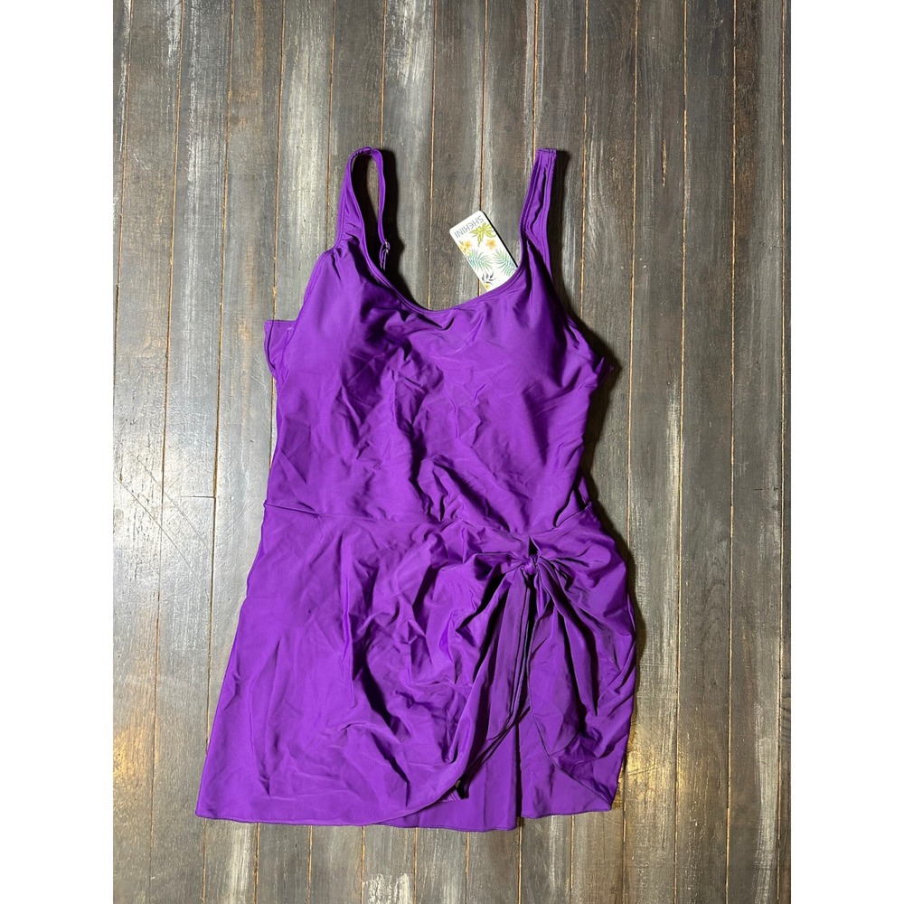 Shekini Purple One Piece Swimdress Womens Front Knot Skirted Swimsuit